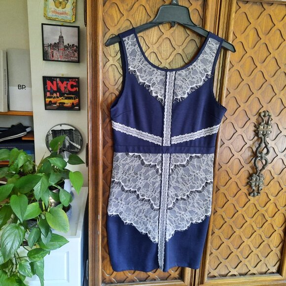 Maurices Soft Knit Sheath Dress with Lace Overlay - Navy, Size M - Picture 2 of 16